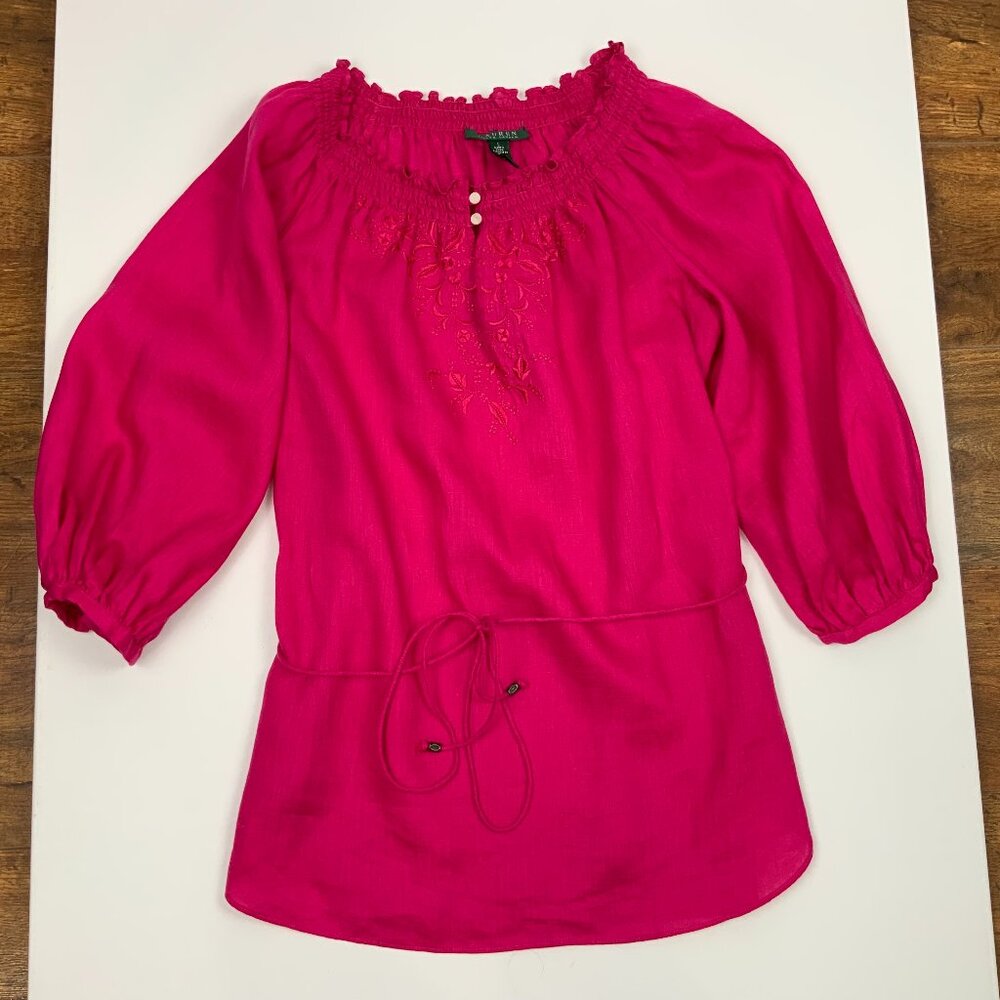 Lauren Ralph Lauren Fuschia Linen Peasant Embroidered Blouse Tie Waist Sz L - Picture 2 of 16